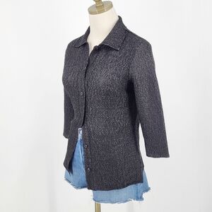 Vintage Button Down Blouse Pleated Bubble Stretch Black Collar Small